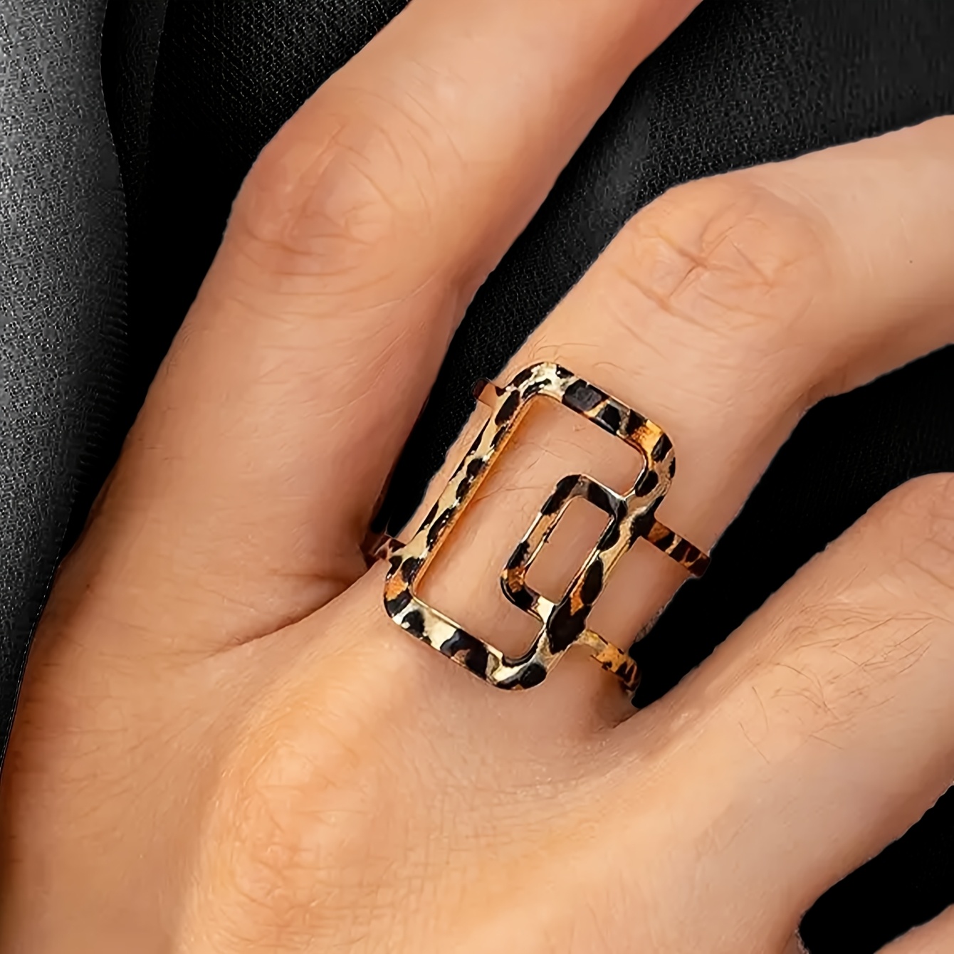 Adjustable Boho Leopard Print Ring Vintage Geometric Square Hollow Iron